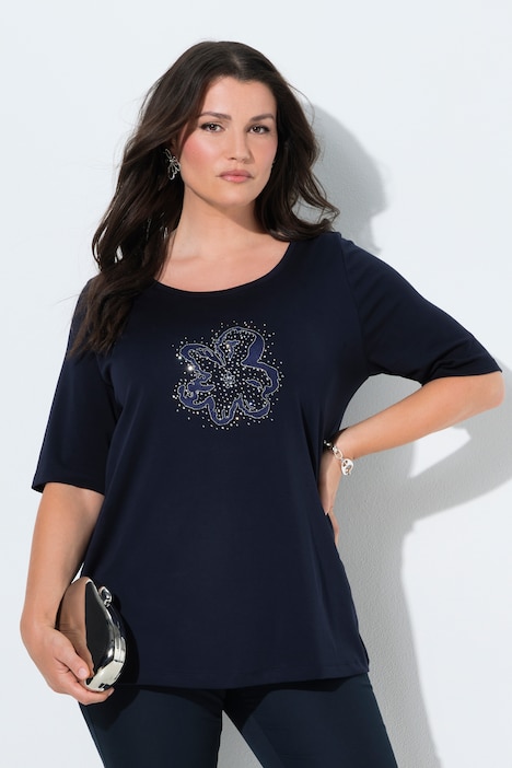 T-shirt Ulla Popken in cotone Pima blu navy con ricamo glitter