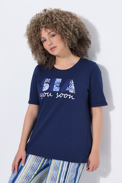 T-shirt Ulla Popken blu inchiostro con strass al girocollo