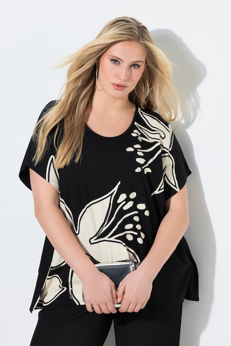 Poncho-shirt floreale oversize Ulla Popken nero con linea ampia