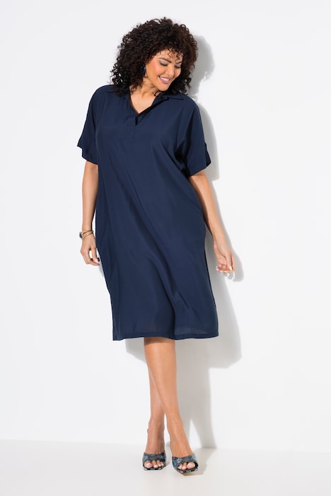 Abito blu notte effetto stropicciato con collo polo Ulla Popken curvy taglia 48-50 vista frontale