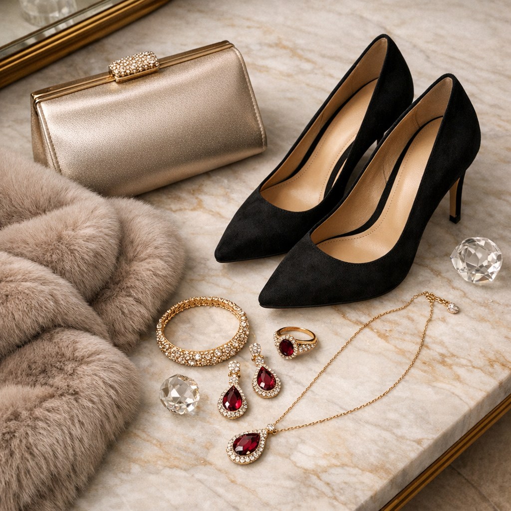 Accessori per cerimonia invernale con scarpe borsa e stola eleganti