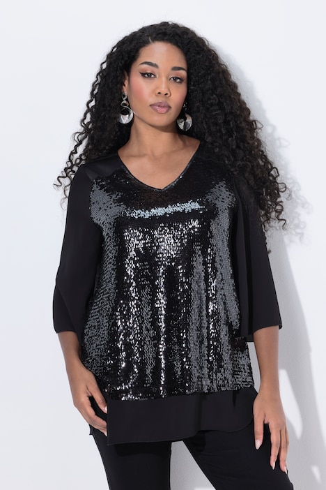 Dettaglio laterale della blusa nera in chiffon con paillettes Ulla Popken curvy taglia 48-50