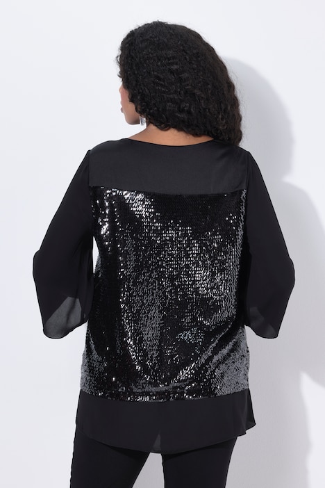 Retro della blusa nera in chiffon con paillettes Ulla Popken curvy taglia 48-50