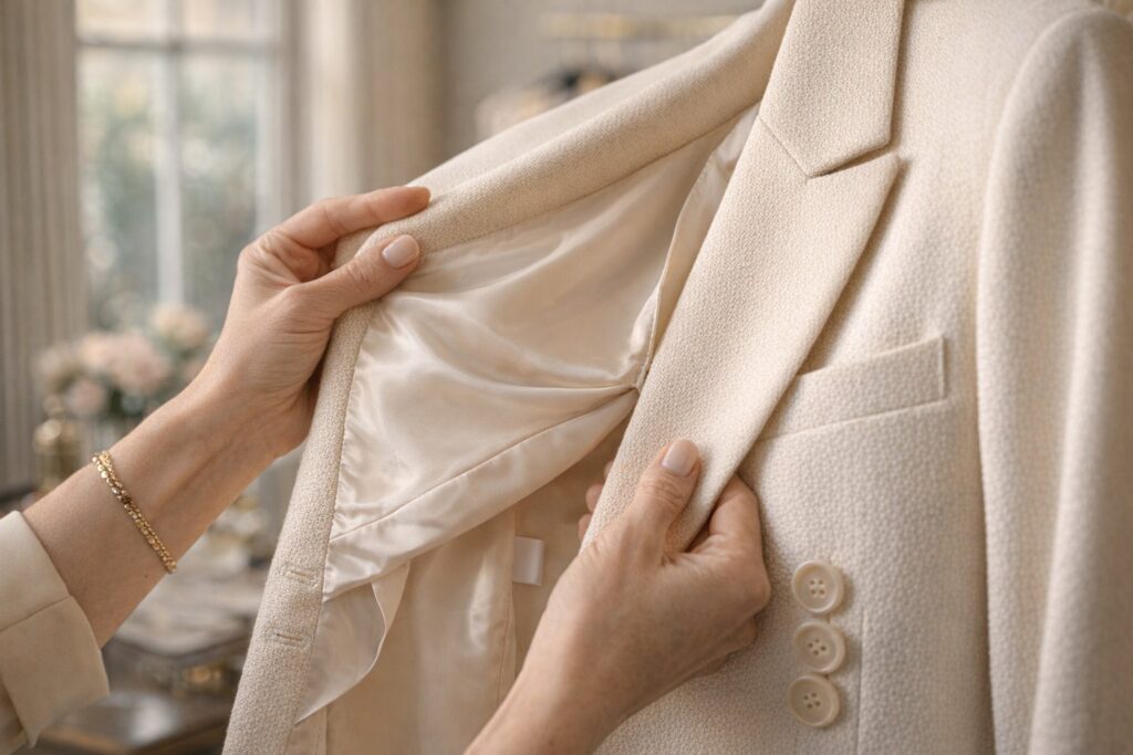 Mani femminili che controllano cuciture e tessuto di un blazer elegante