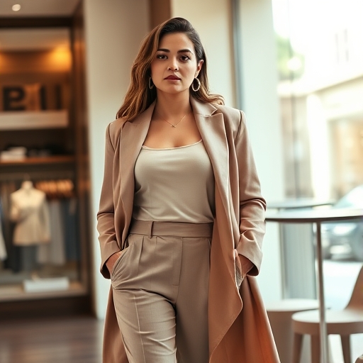 Donna curvy elegante in boutique di lusso con luce naturale