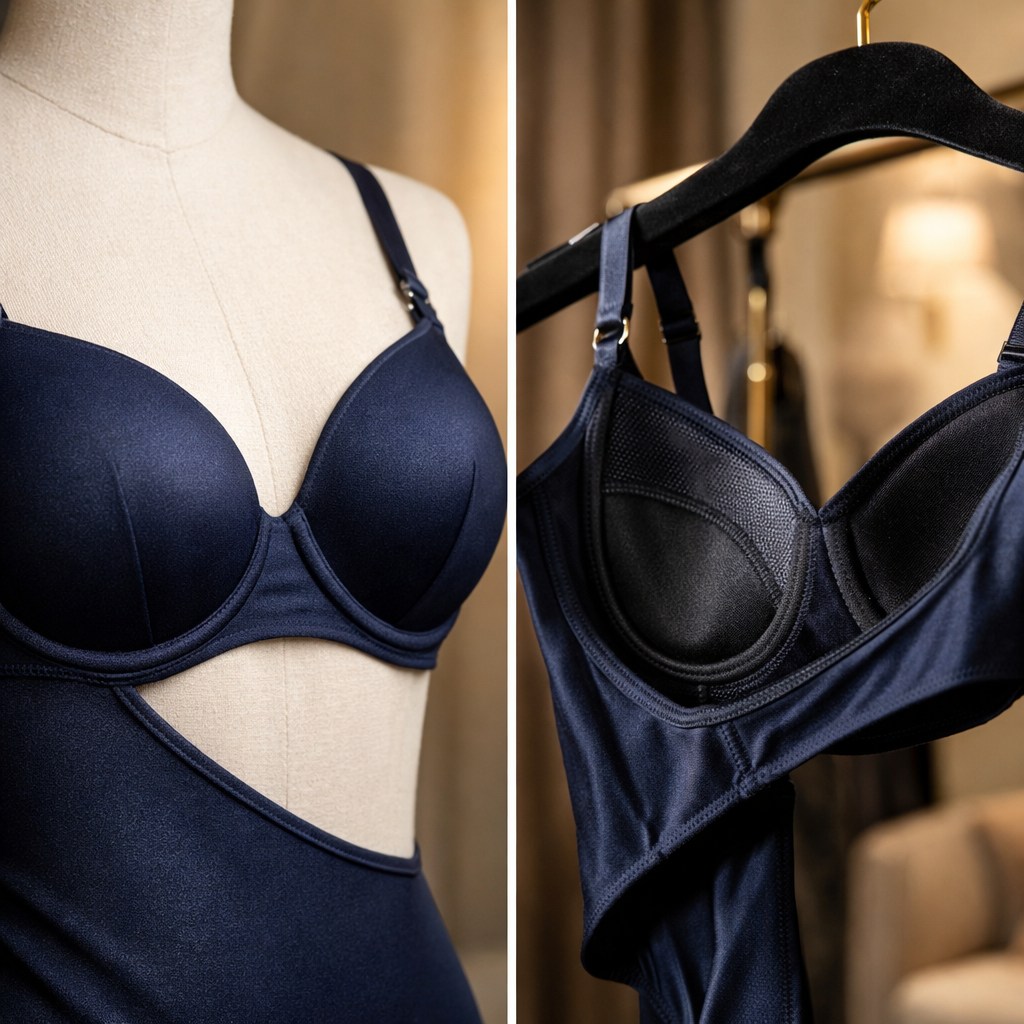 Dettaglio di sostegno e coppe strutturate in costume premium da donna