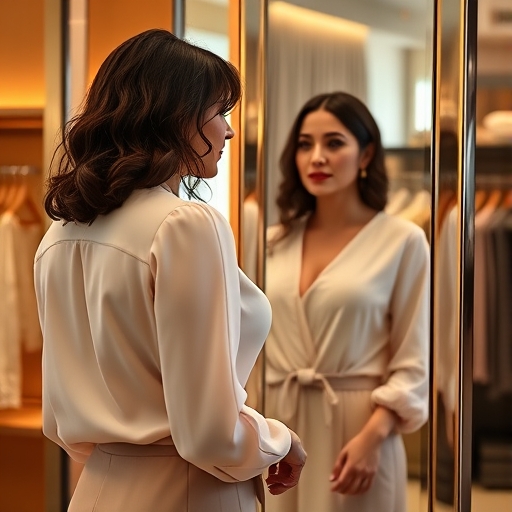 Donna curvy davanti allo specchio in boutique elegante