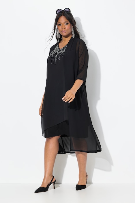 Giacca lunga nera in chiffon Ulla Popken con collo a scialle