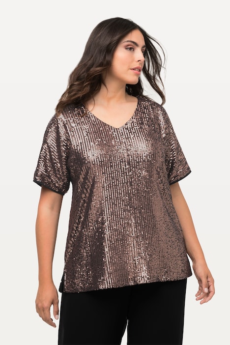 Maglia oro opaco con paillettes e scollo a V Ulla Popken curvy taglia 48-50