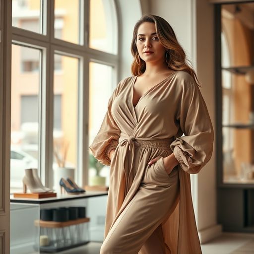 Moda curvy taglie 48-62 in boutique di lusso con luce naturale
