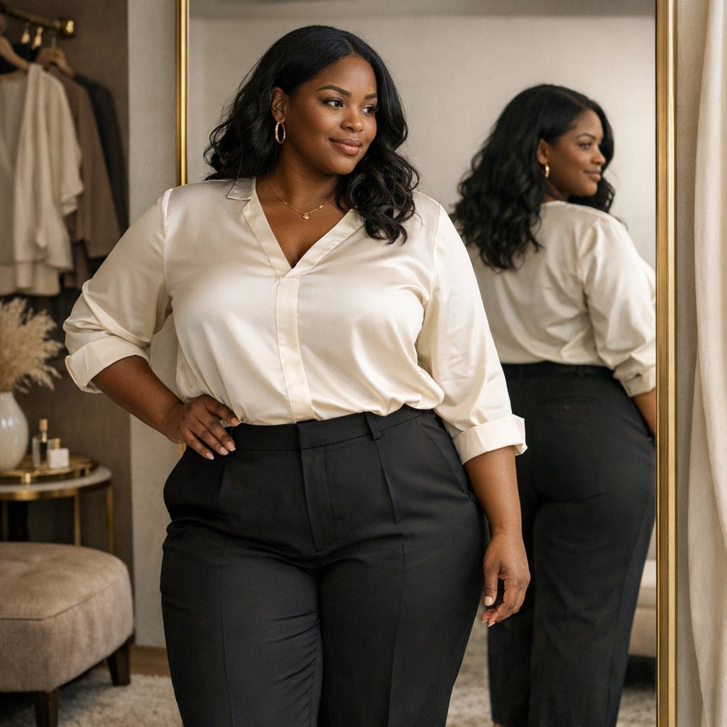 Outfit curvy con blusa e pantaloni davanti allo specchio