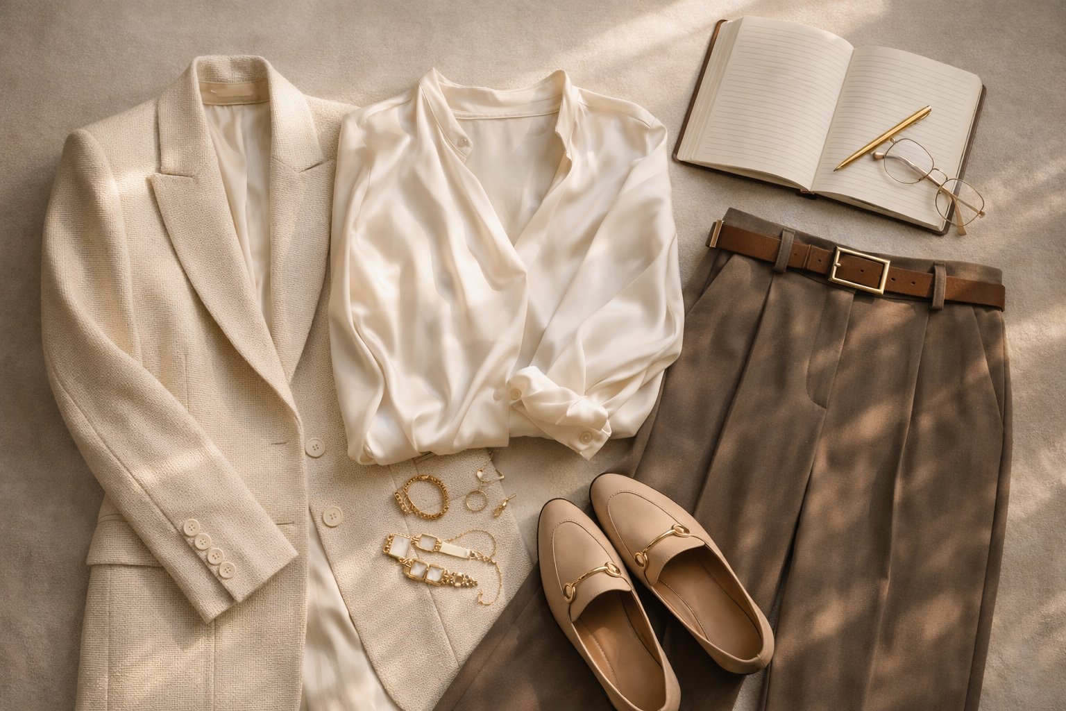 Still life elegante con blazer, camicia e accessori per un outfit da ufficio donna