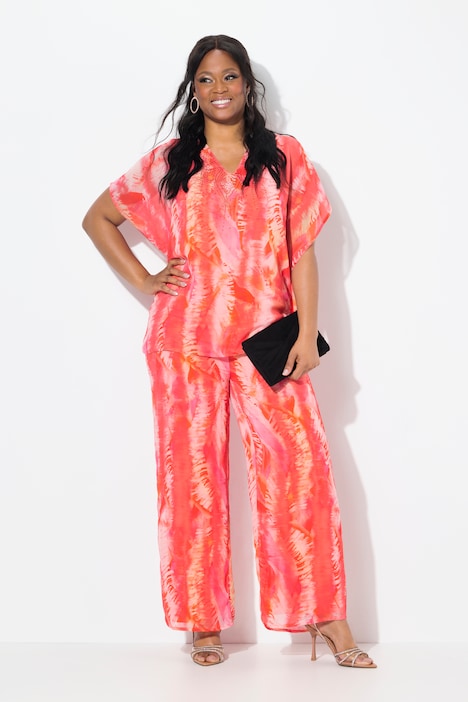 Pantaloni corallo con stampa piume in chiffon Ulla Popken curvy taglia 48-50 vista frontale