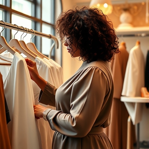 Donna curvy mentre sceglie abiti in boutique Lorcastyle