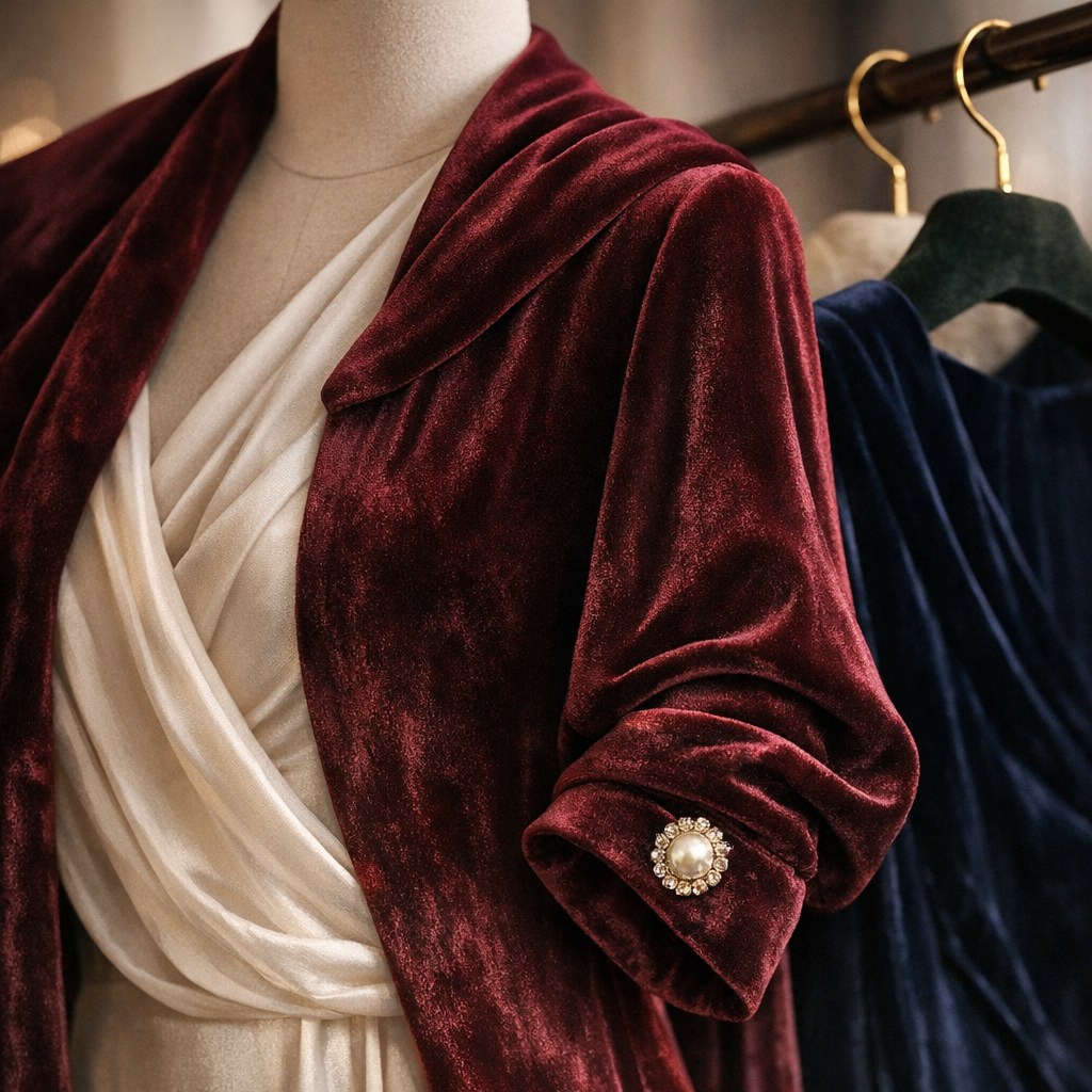 Dettaglio di tessuti in velluto per abito da cerimonia invernale