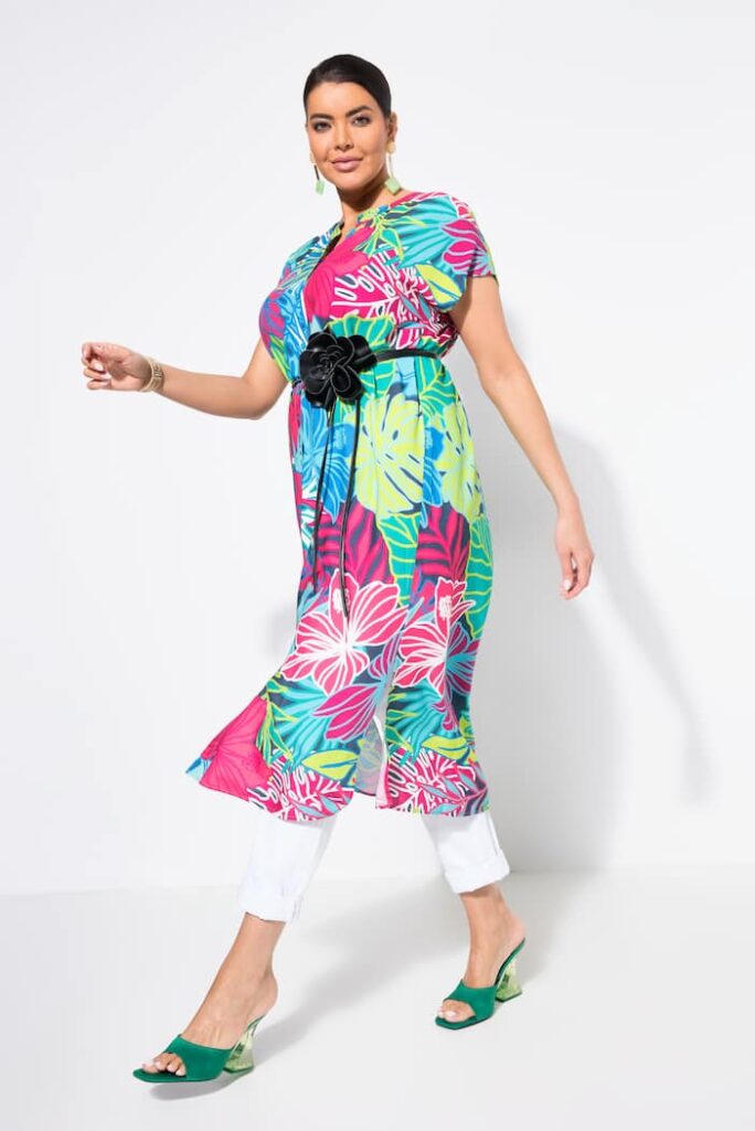 Ulla Popken abito midi turchese con stampa foglie taglia 48-50