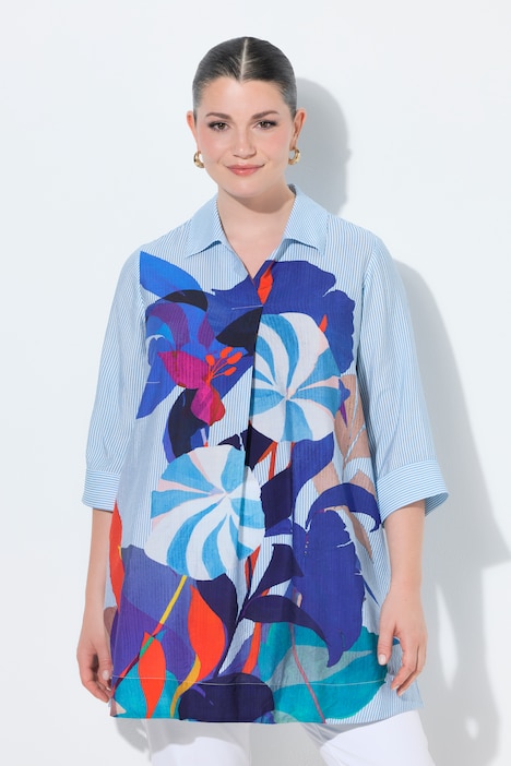 Ulla Popken blusa a righe con stampa bianco azzurro campionario