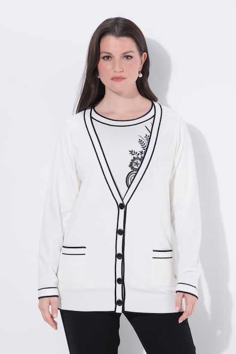Ulla Popken cardigan twinset bianco panna con profili a contrasto taglia 48-50