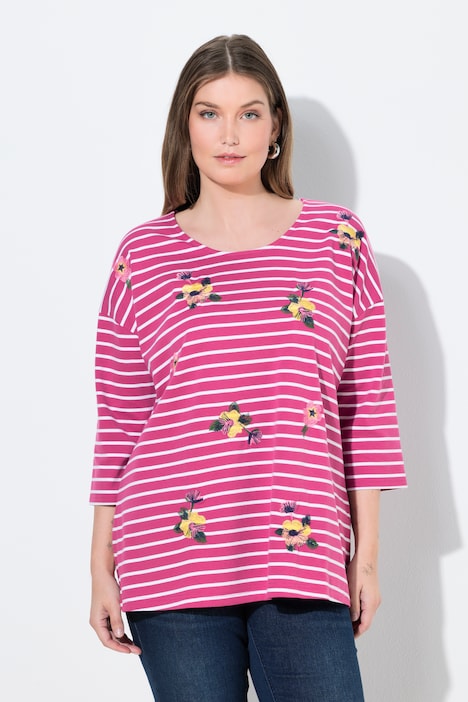 Ulla Popken maglia a righe berry con ricamo floreale taglia 48-50