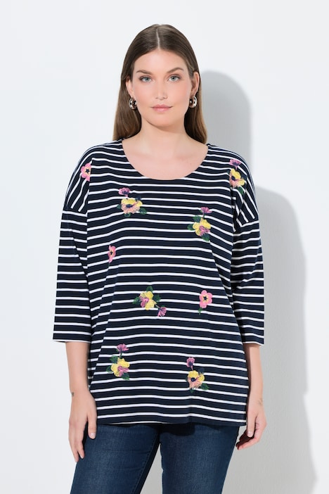 Ulla Popken maglia a righe marine con ricamo floreale taglia 48-50