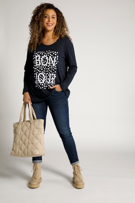 T-shirt blu marine con scritta BONJOUR Ulla Popken taglia 48-50