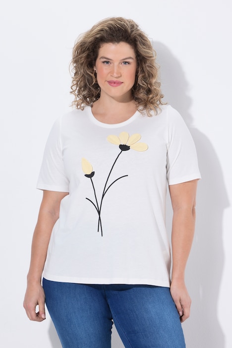 Ulla Popken t-shirt off white con fiori 3D taglia 48-50