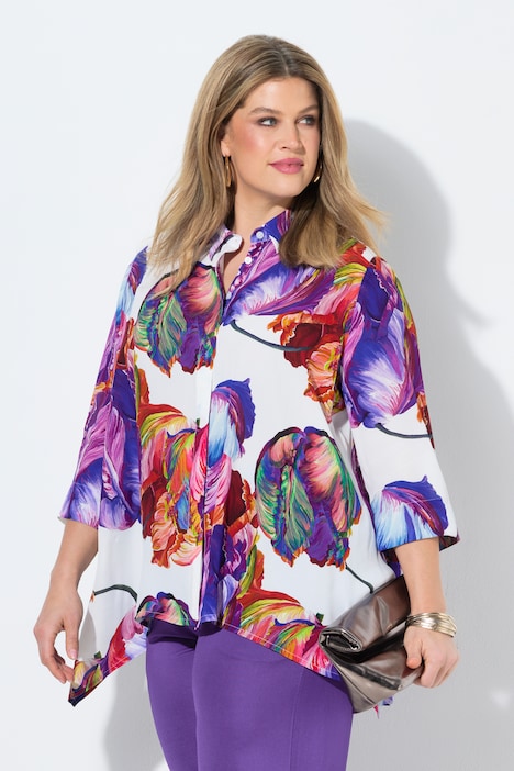 Blusa, design ad acquarello, taglio svasato, colletto da camicia, maniche a 3/4 Ulla Popken colore magenta indossato