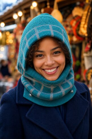 Cappello check La Sciarperia turchese indossato da modella