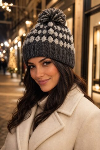 Cappello con pon pon La Sciarperia grigio indossato da modella