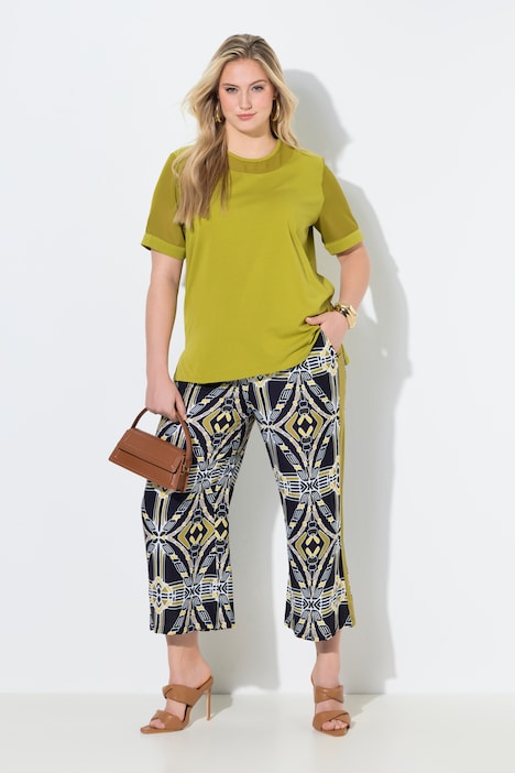 Culottes con stampa grafica, taglio della gamba ampio e cintura elastica Ulla Popken colore blu notte scuro indossato