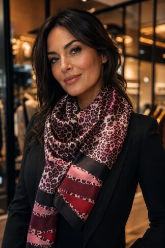 Foulard animalier La Sciarperia rosa e nero indossato da modella