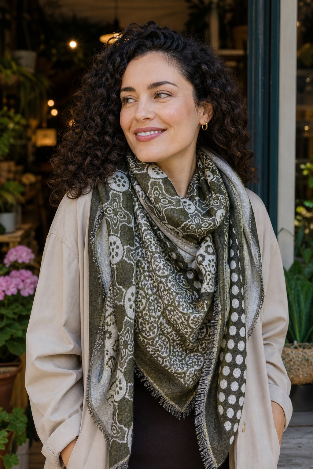 Foulard fantasia La Sciarperia verde e nero indossato da modella