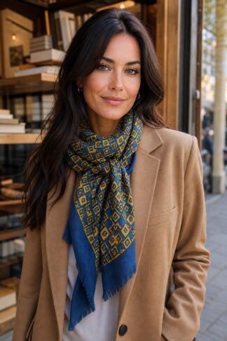 Foulard geometrico La Sciarperia blu e senape indossato da modella