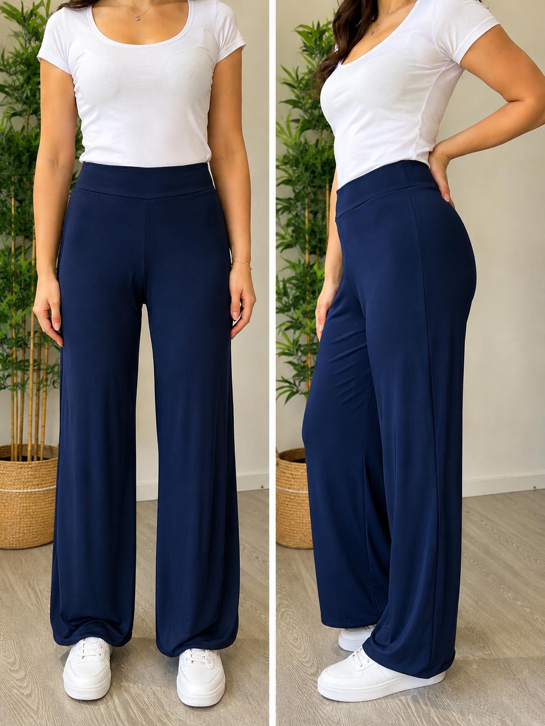 Pantalone dritto Lizalù in jersey blu notte indossato