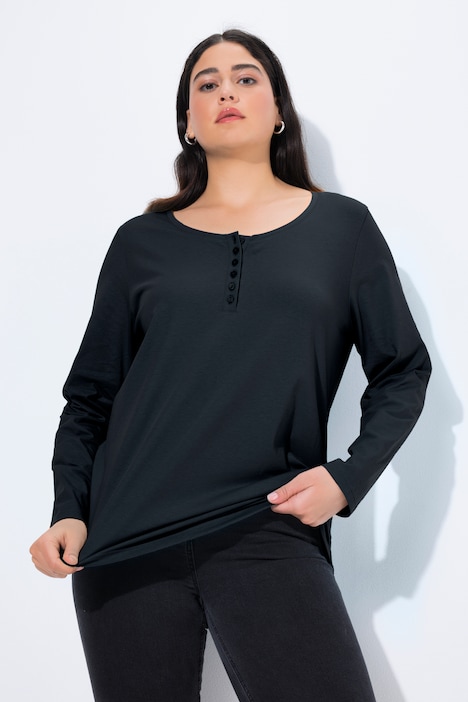 Maglia basic dal taglio normale con abbottonatura e maniche lunghe Ulla Popken colore nero indossato