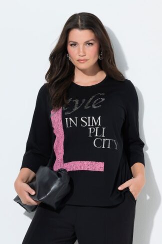 Maglia classica con applicazioni, scollo a girocollo e maniche a 3/4 Ulla Popken colore nero indossato