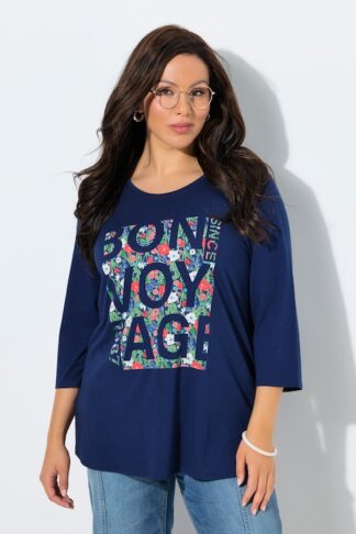 Maglia classica con Bon Voyage, scollo a girocollo e maniche a 3/4 Ulla Popken colore blu inchiostro indossato