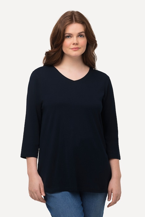 Maglia di jersey a costine in cotone biologico con scollo a V e maniche a 3/4 Ulla Popken colore blu notte scuro dettaglio