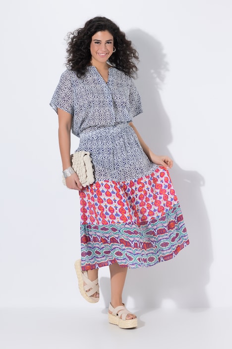 Maxi gonna dal taglio svasato con fantasia a righe e cintura elastica Ulla Popken colore melanzana indossato