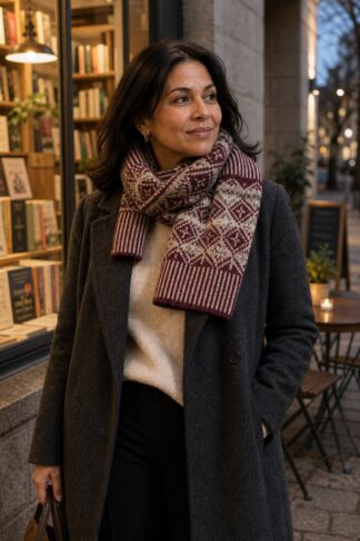 Sciarpa jacquard Soya Concept bordeaux e rosa indossata da modella