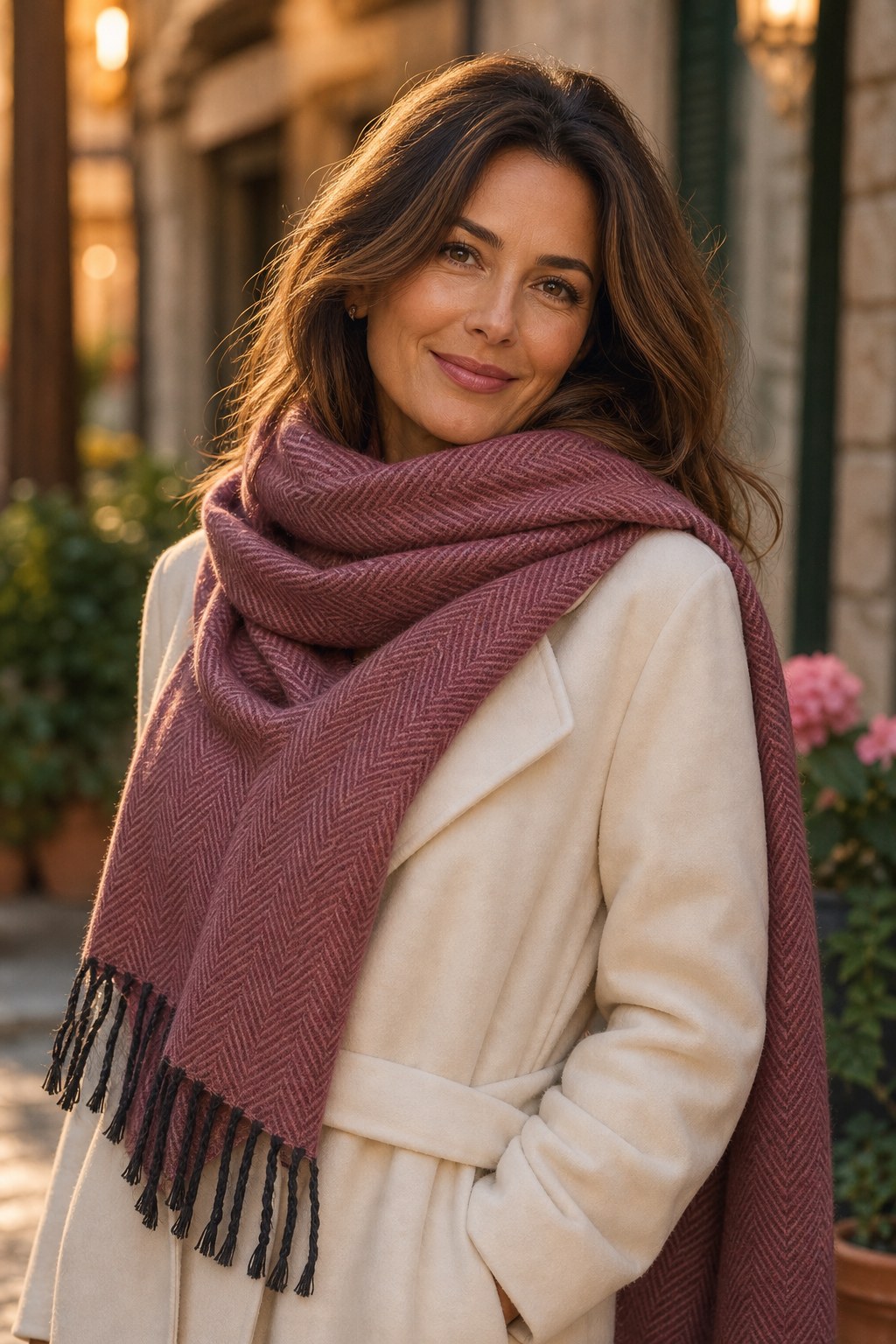 Sciarpa La Sciarperia rosa antico indossata da modella