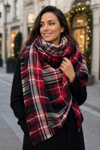 Sciarpa maxi tartan La Sciarperia rossa e grigia indossata da modella