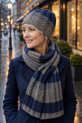 Set cappello e sciarpa La Sciarperia blu e grigio indossato da modella