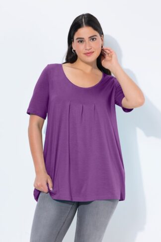 T-shirt dal taglio svasato con modal, pieghe decorative, scollo a girocollo e mezze maniche Ulla Popken colore viola indossato
