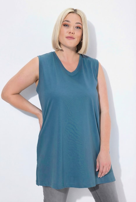 Top smanicato di cotone dalle linee morbide con scollo a V Ulla Popken colore blue jeans dettaglio