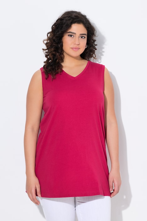 Top smanicato di cotone dalle linee morbide con scollo a V Ulla Popken colore lampone scuro dettaglio