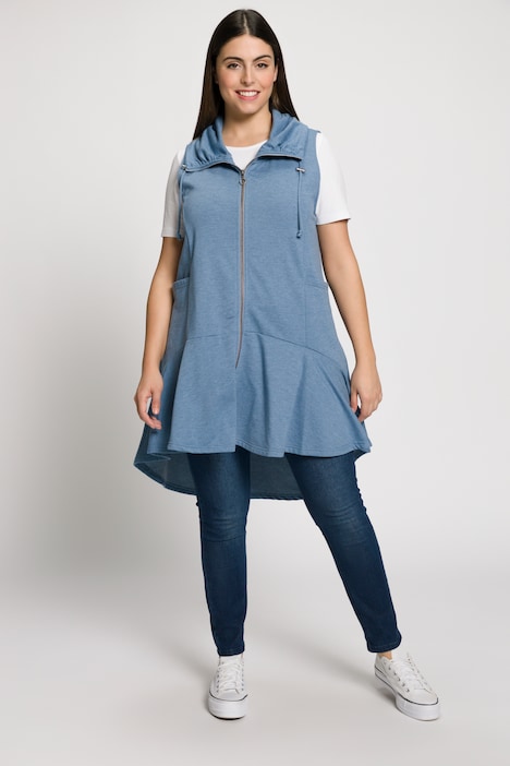 Ulla Popken Gilet dal taglio svasato in felpa con collo alto, cuciture princesse e volant blu denim taglia 48/50 campionario vista 2