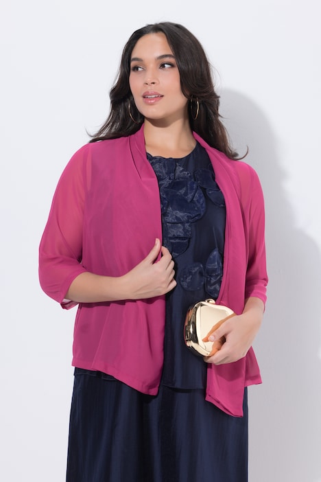 Ulla Popken Giacca di chiffon dal taglio oversize con collo a scialle e maniche a 3/4 blu elettrico taglia 48/50 campionario indossato dalla modella