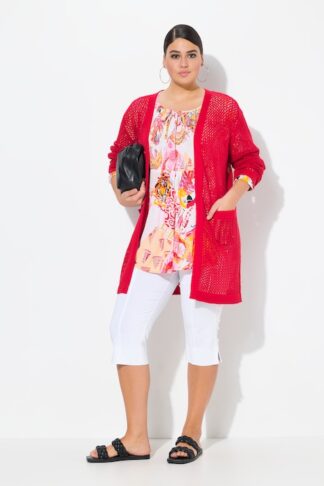 Ulla Popken Cardigan lungo e aperto con effetto velato e scollo a V rosso taglia 48/50 campionario indossato dalla modella