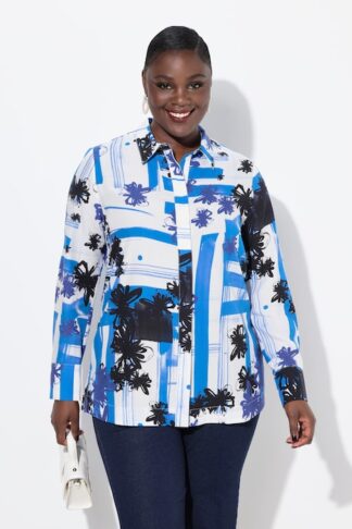 Ulla Popken Blusa di lyocell con design grafico, colletto da camicia e maniche lunghe bianco taglia 48/50 campionario indossato dalla modella